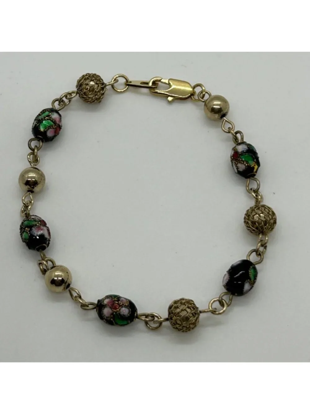 Vintage Cloisonné Bracelet Floral Enamel Filigree Gold Tone Multi-Colored 7
